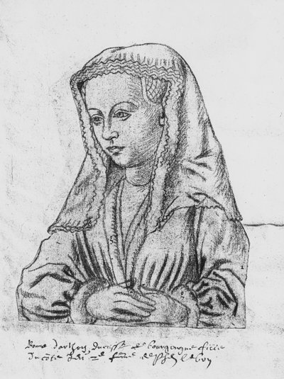 Ms 266 fol.62 &39;The Recueil d&39;Arras&39;（紙に赤いチョーク）からのブルゴーニュ公爵夫人のヌヴェール伯爵とルテル伯のボンダルトワ 作： Flemish School